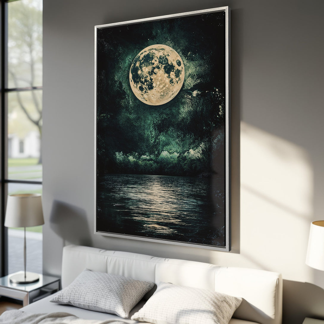 Framed Wall Art: Stunning moonlit lake scene in a dark green and teal color palette. Add a touch of celestial beauty to your space with this canvas print.