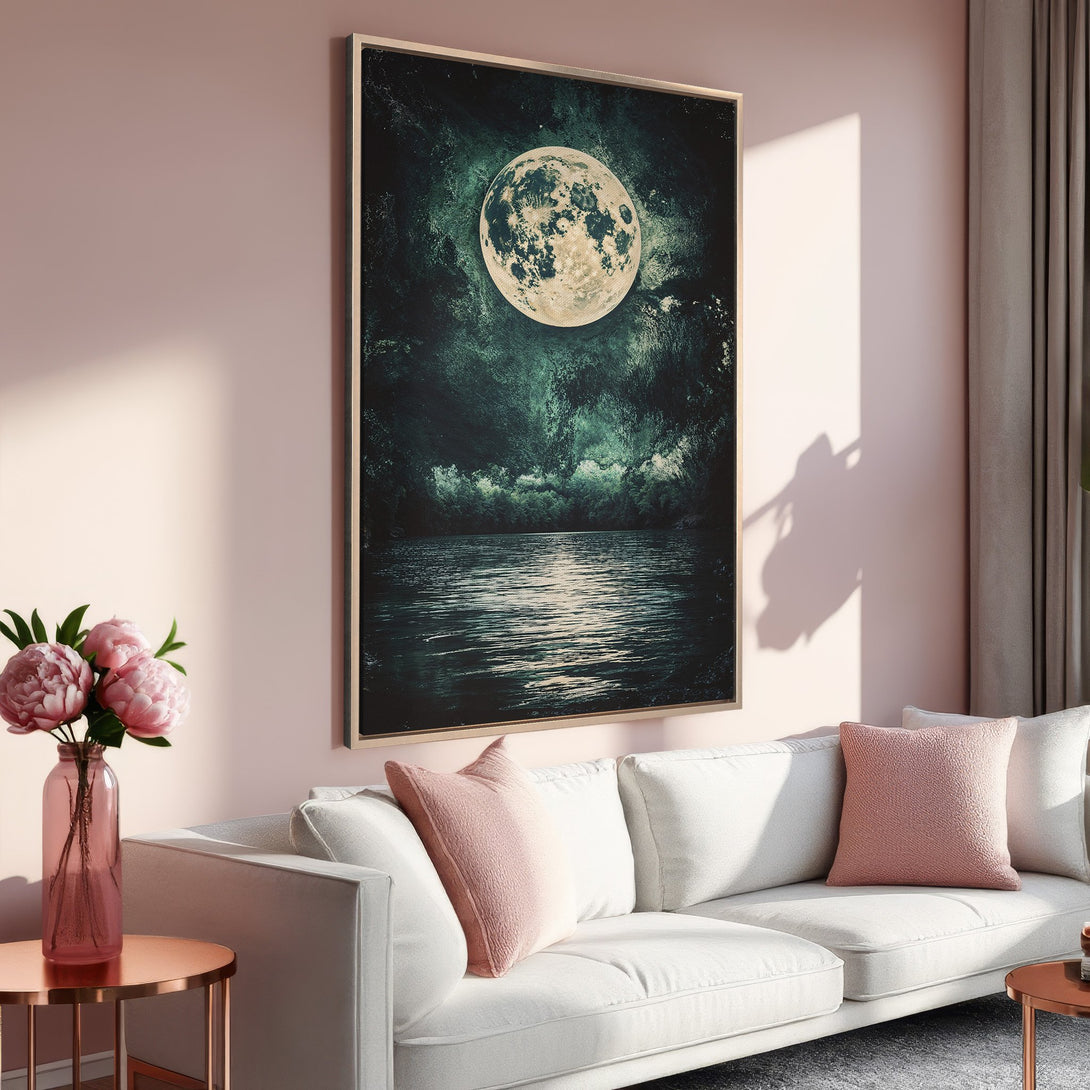 Framed Wall Art: Dramatic moonlit landscape canvas print in teal and black. Perfect for adding a touch of mystery to your living room.