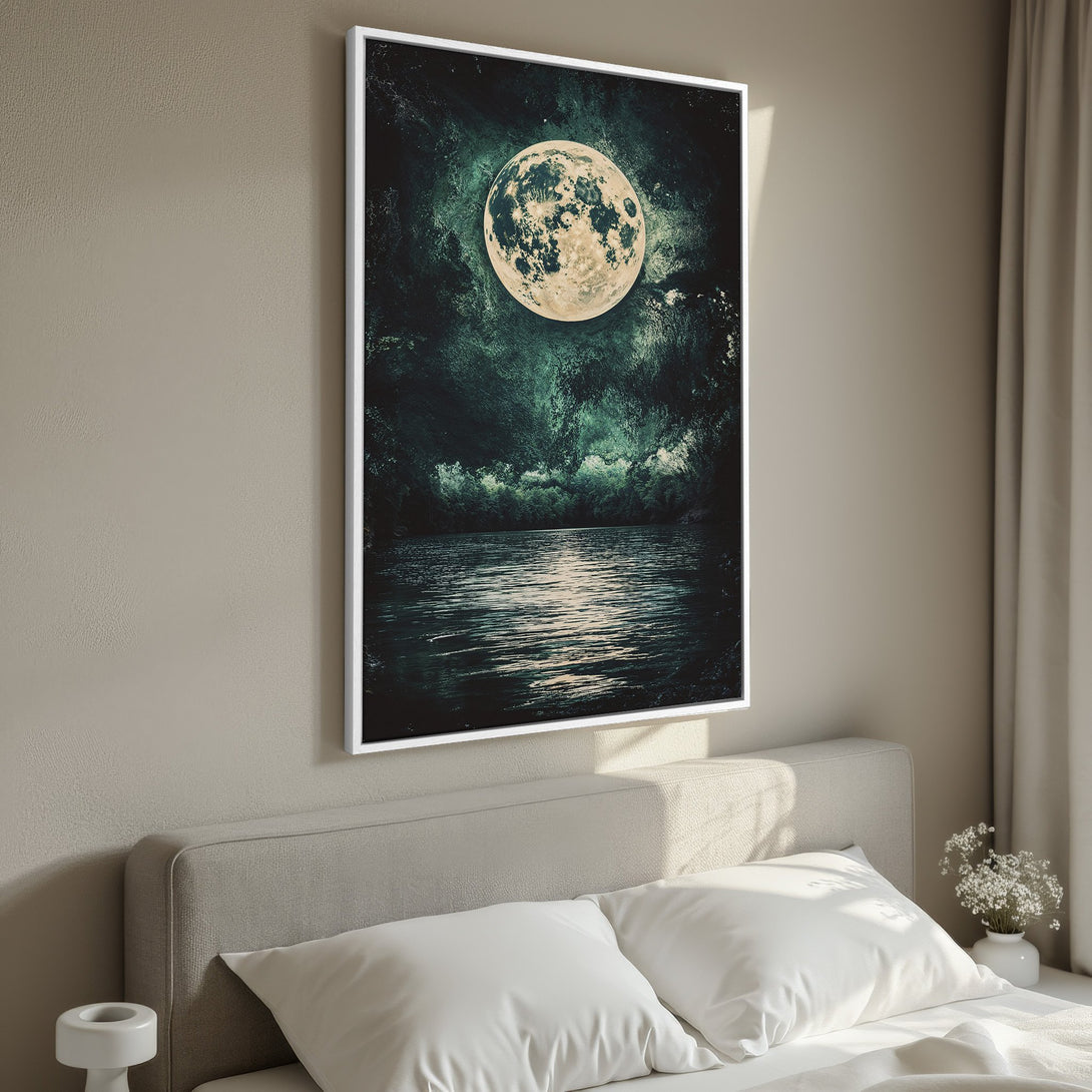 Framed Wall Art featuring a stunning moon over water scene. Dark teal and beige color palette creates a calming, celestial vibe for your bedroom decor.