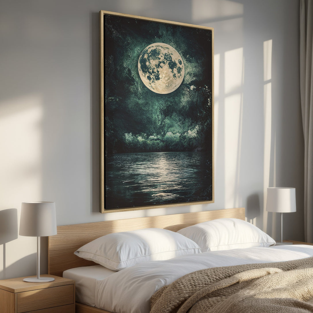 Framed Wall Art featuring a stunning moon over water in a dark teal and gold palette. Perfect for bedroom decor. Shop now!