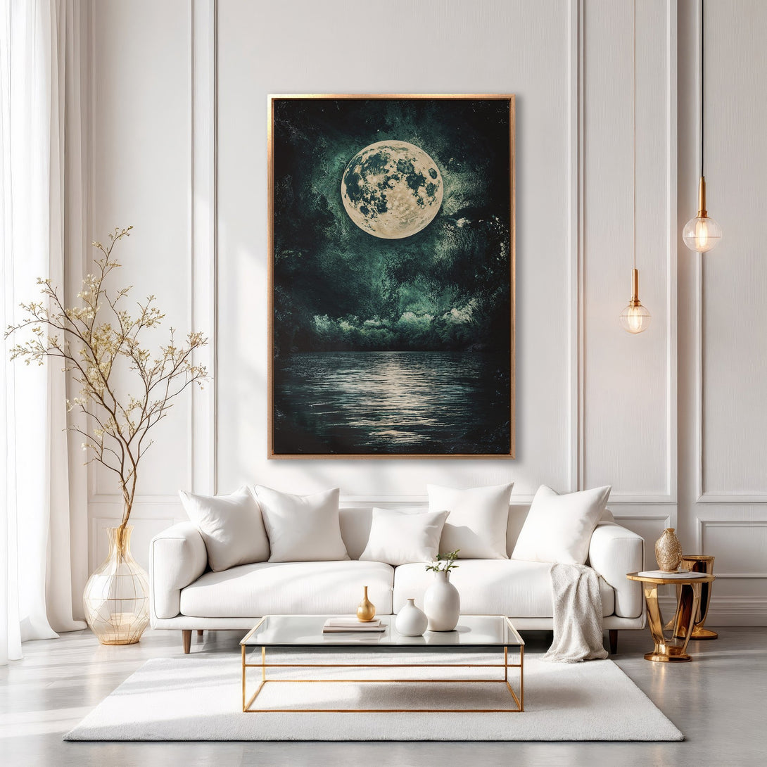 Framed Wall Art: Moody moonlit landscape in teal and gold tones. Modern Canvas Print adds a touch of elegance to any interior space. Shop now!