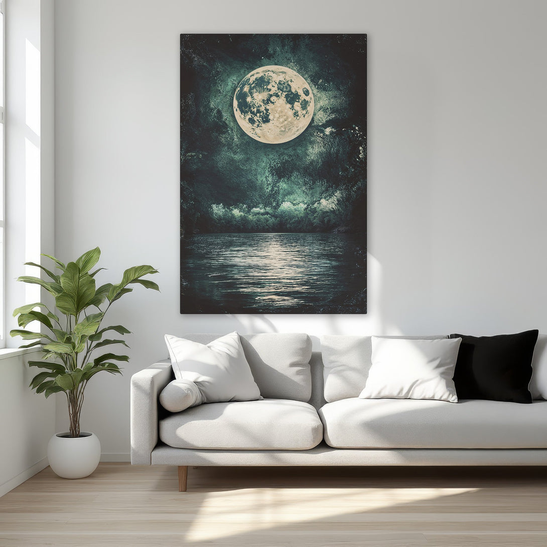 Framed Wall Art featuring a stunning moonlit landscape. Dark teal and beige color palette. Perfect for adding a touch of serenity to your home.