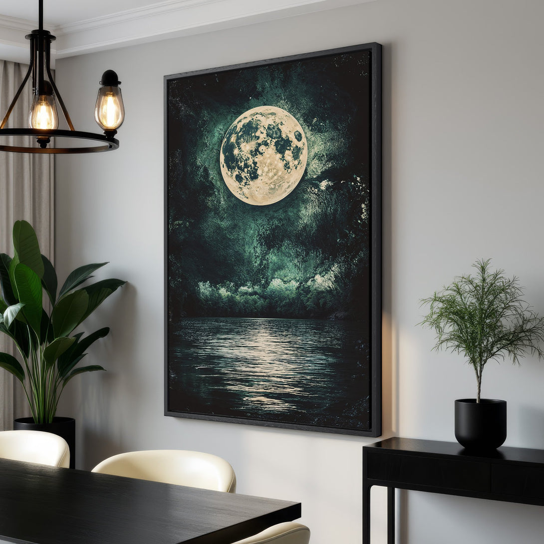 Framed Wall Art featuring a moonlit night scene in a dark teal and cream color palette. Perfect for adding a touch of mystery to your home decor.