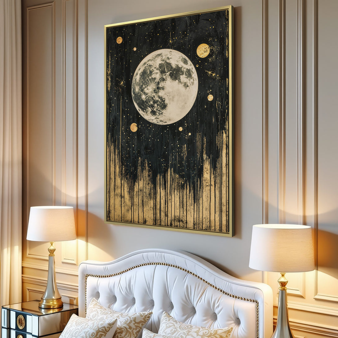Canvas Print featuring a celestial moon art piece in a modern interior. Black, gold, and white color palette, perfect for adding a touch of elegance.
