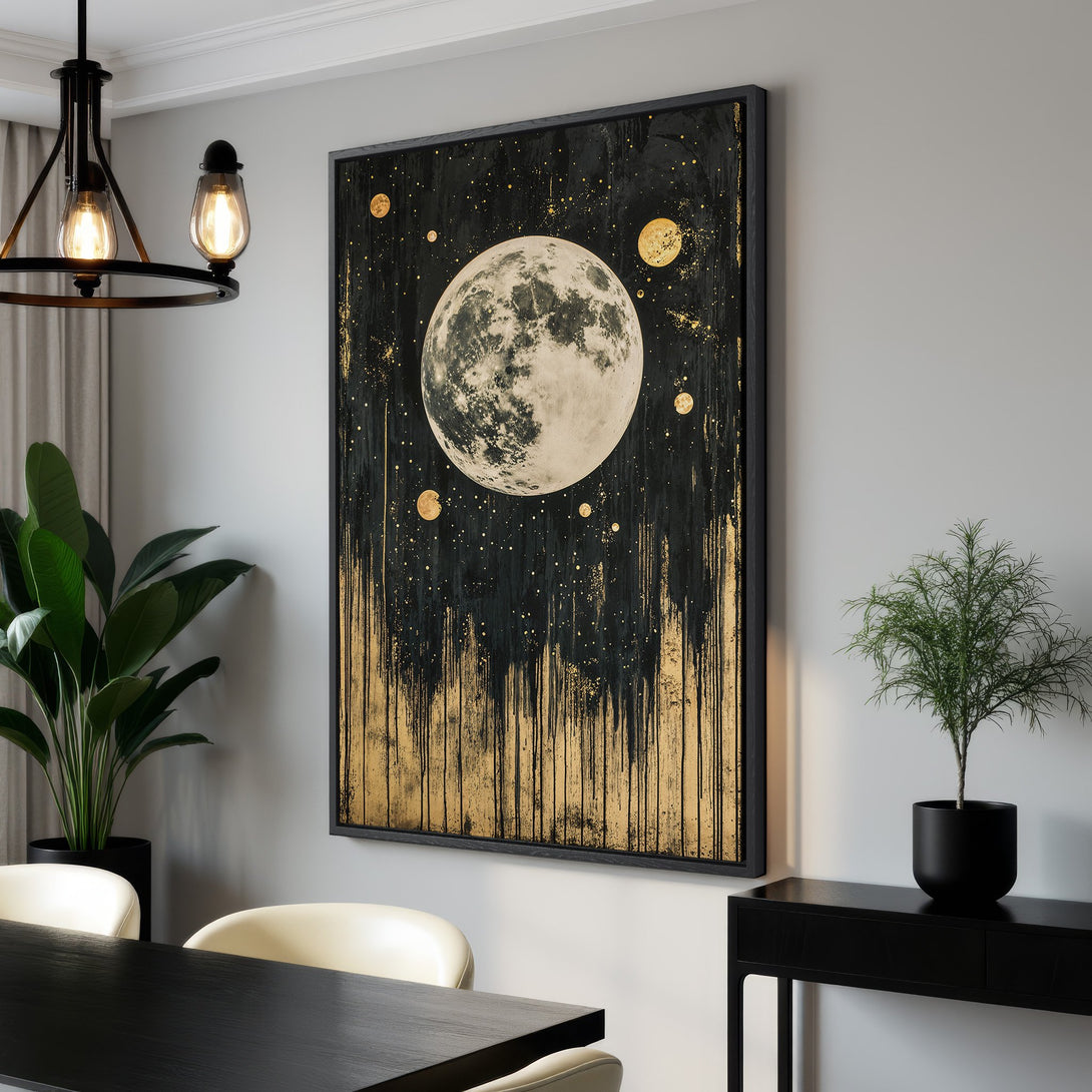Framed Wall Art: Abstract moon and stars in black and gold. Modern canvas print adds celestial style to any space. Shop now for unique wall decor.
