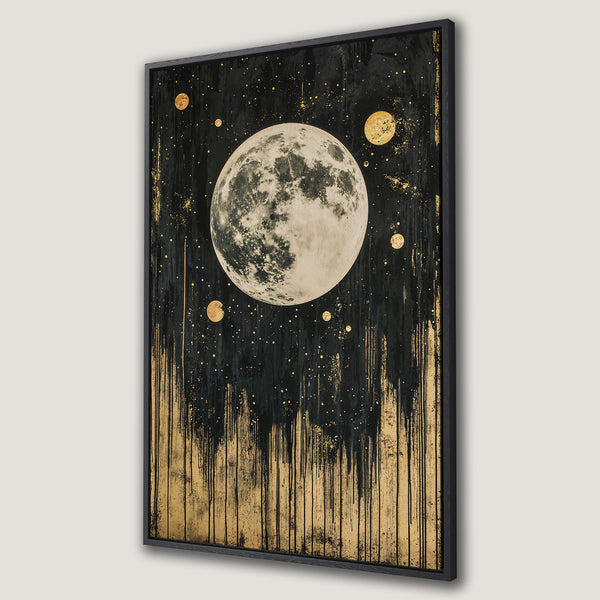 Framed Wall Art featuring a celestial moon and gold accents on a black background. Modern abstract style, perfect for adding a touch of elegance.