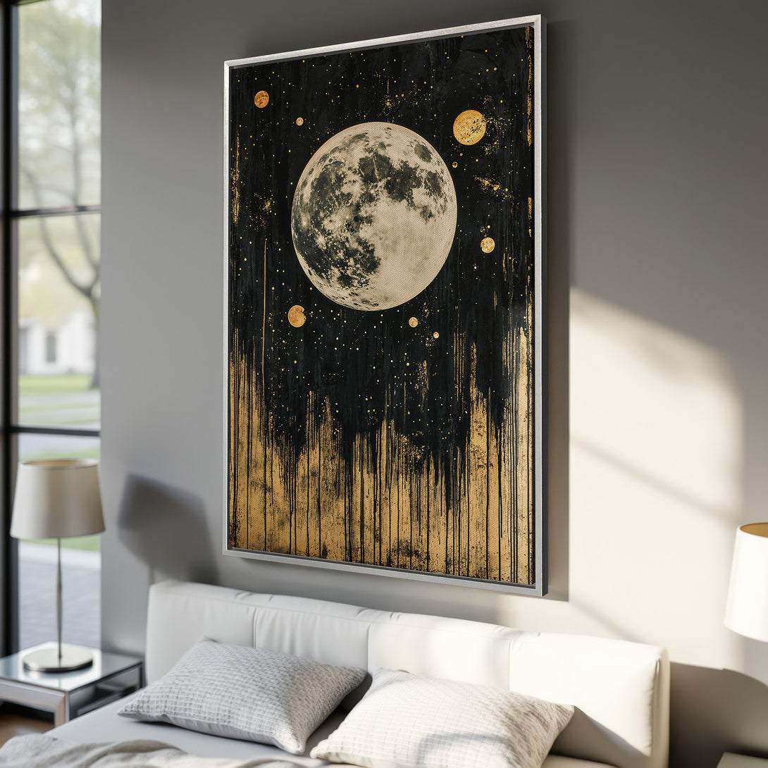 Framed Wall Art featuring a celestial moon and gold accents on a black background. Modern abstract style with a dramatic, luxurious color palette.
