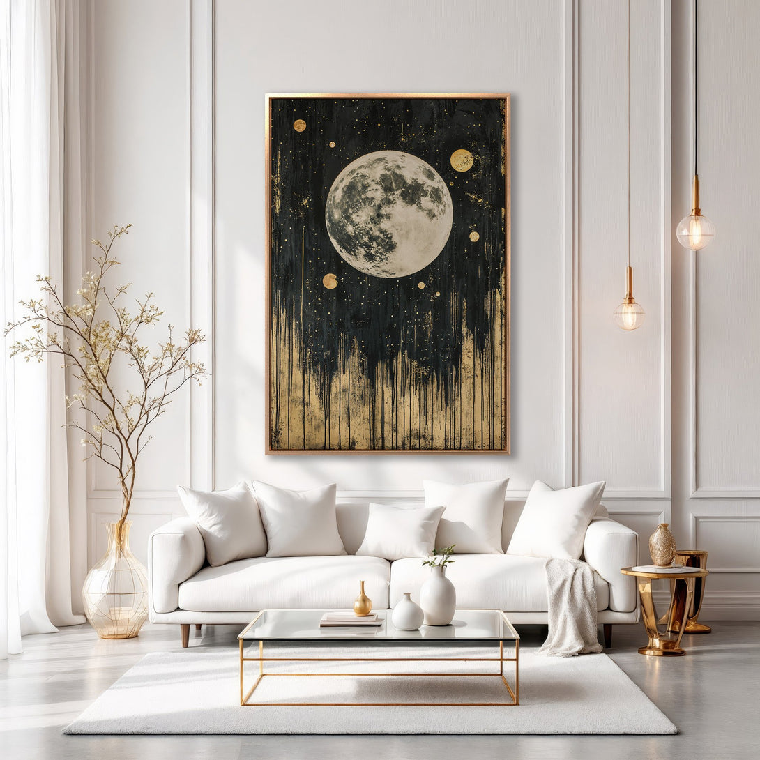Framed Wall Art: Celestial moon art in black, gold, and white. Modern abstract style, perfect for living room decor. Add a touch of elegance to your space.