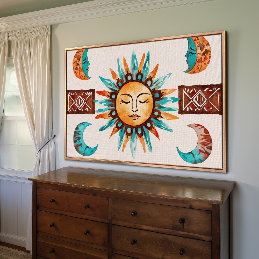 Framed Wall Art: Watercolor sun and moon design in warm orange, turquoise, and brown hues. Boho style canvas print for a stylish interior.