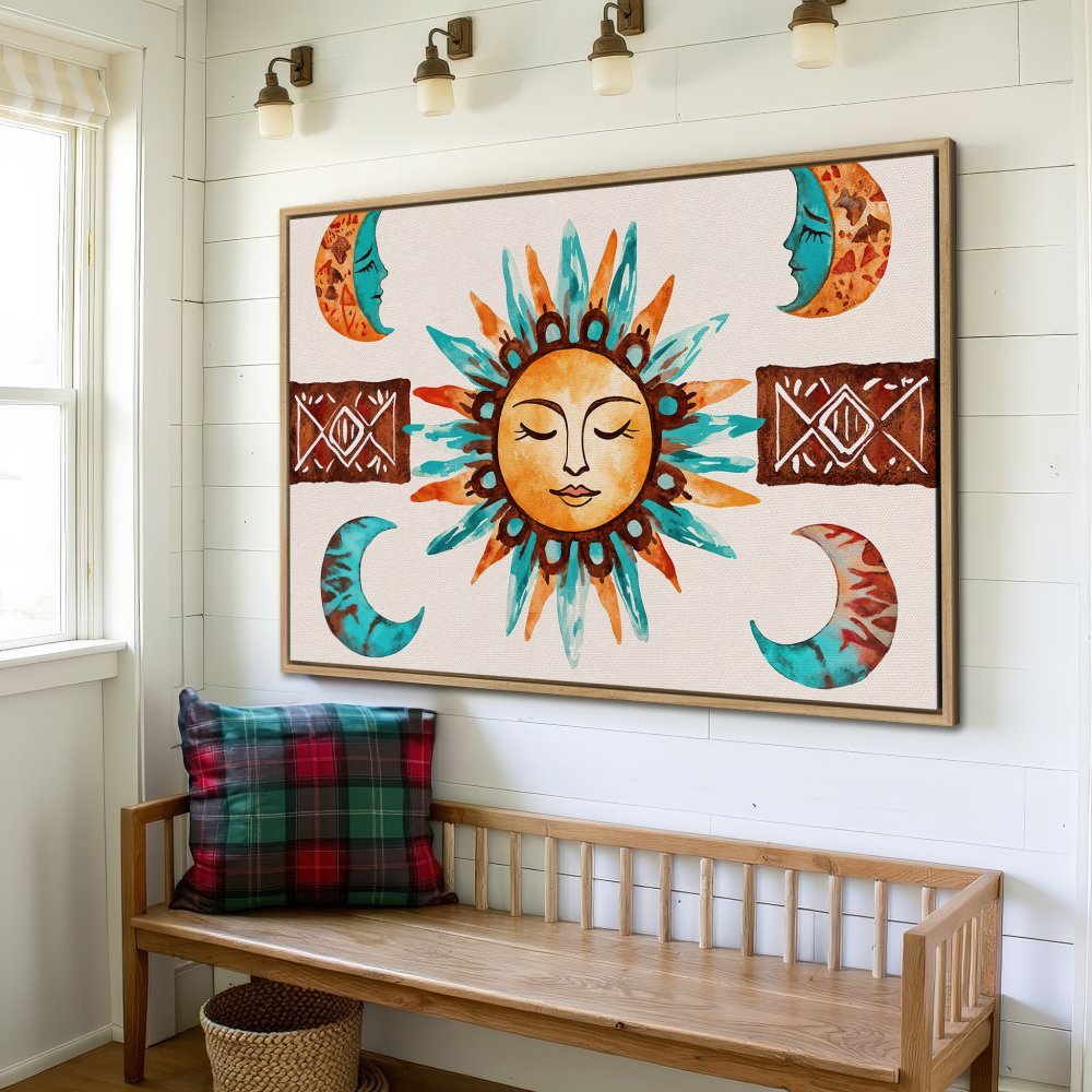Framed Wall Art: Watercolor sun & moon art print in warm orange & teal tones. Boho style canvas print perfect for home decor.