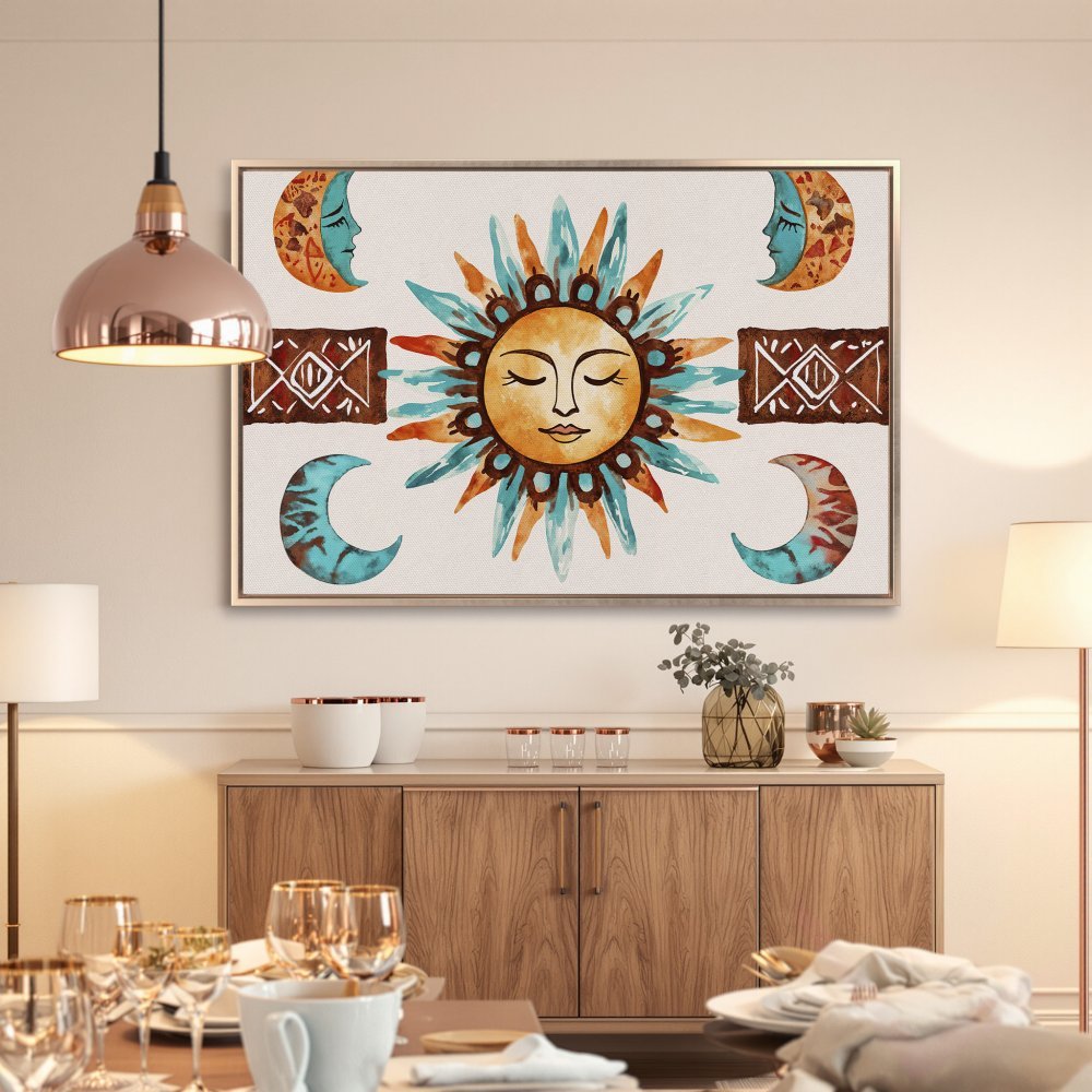 Framed Wall Art: Boho sun and moon watercolor print in warm orange, teal, and brown tones. Perfect for adding a touch of bohemian style to your home.