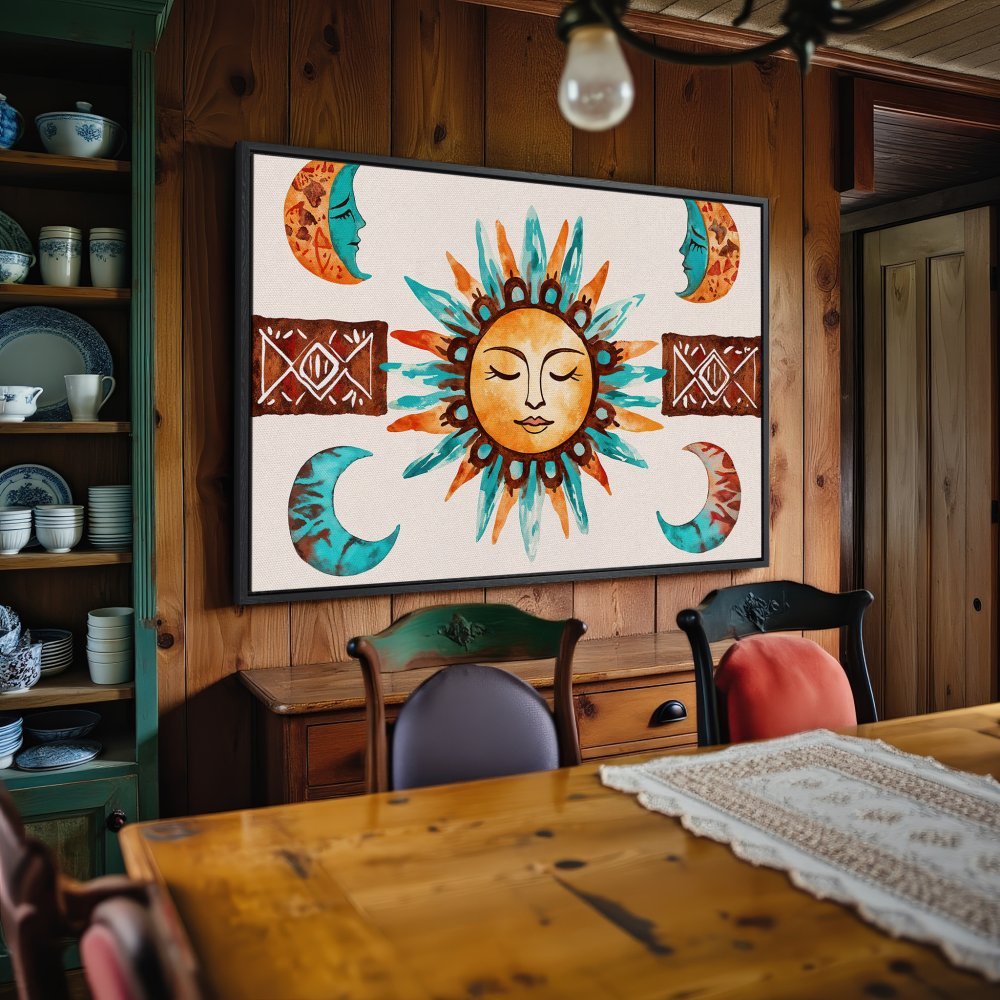 Framed Wall Art: Boho sun and moon watercolor print in orange, teal, and brown. Perfect for adding a touch of bohemian style to your home.