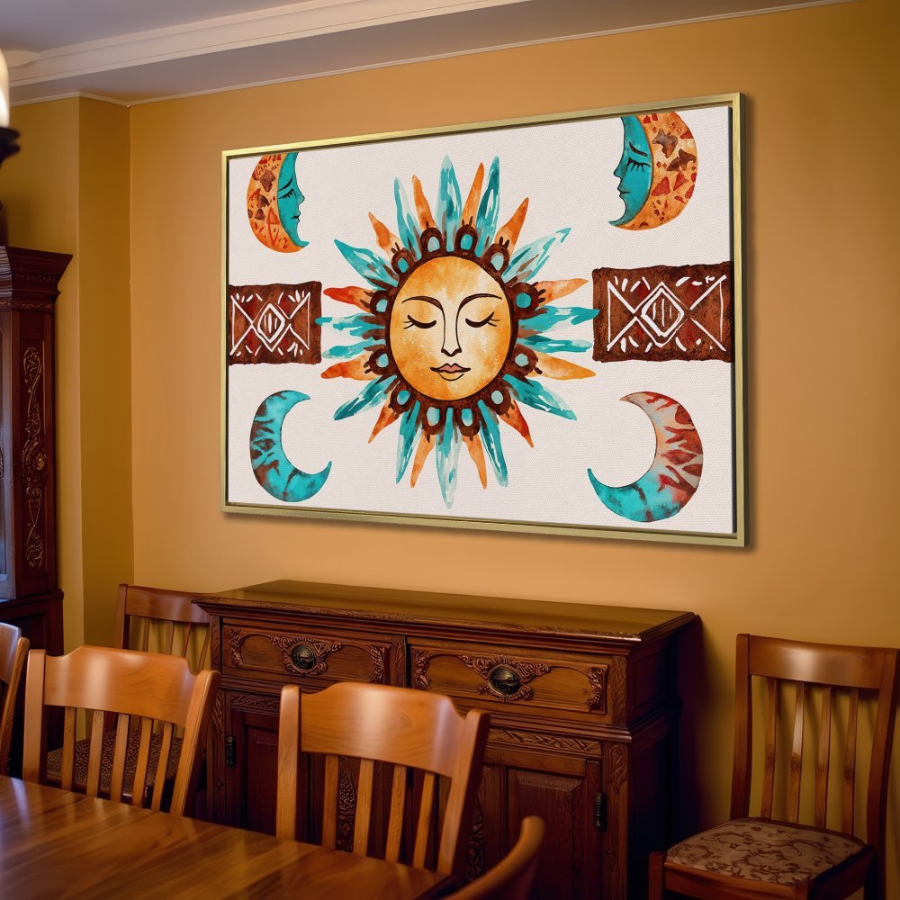 Boho Canvas Print featuring a sun and moon design in watercolor style. Earthy tones of orange, blue, and brown. Perfect wall art for your living room!