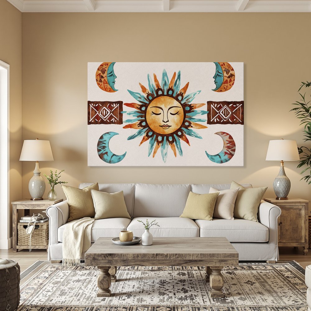 Framed Wall Art: Boho sun and moon watercolor print in warm orange, teal, and brown tones. Perfect for adding artistic flair to your home decor.