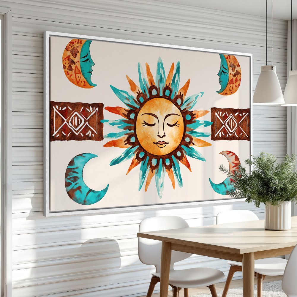 Bohemian Canvas Print featuring a watercolor sun and moon design in a vibrant turquoise and orange palette. Perfect wall art for any room!