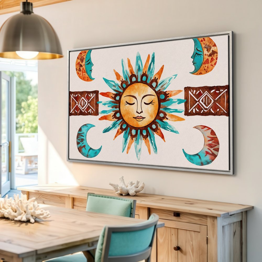 Bohemian Canvas Print featuring a sun and moon watercolor design in teal, orange, and brown. Perfect wall art for any room!
