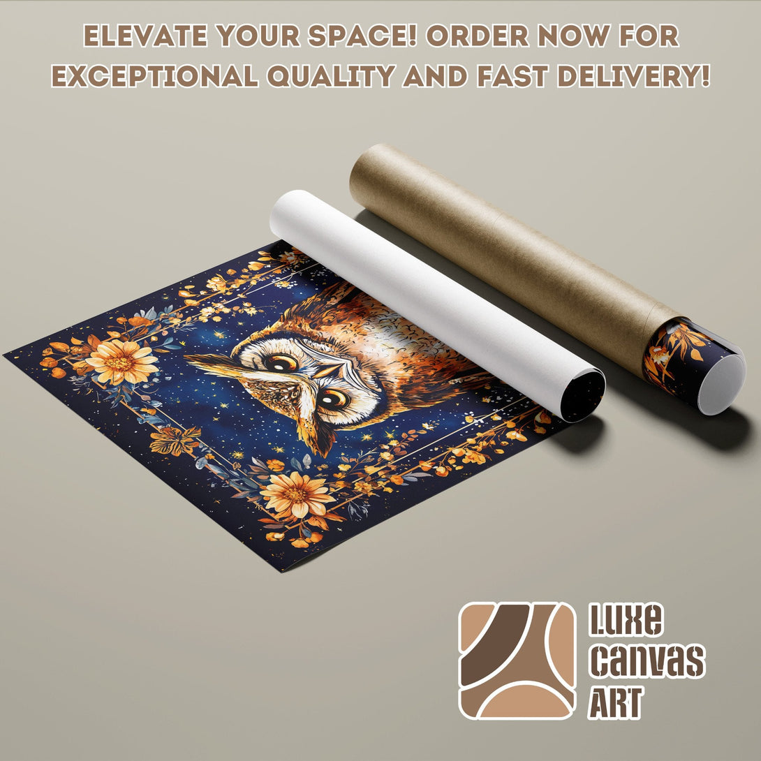 Owl Poster Roll art print in a dark blue and gold color palette. Perfect for home decor.