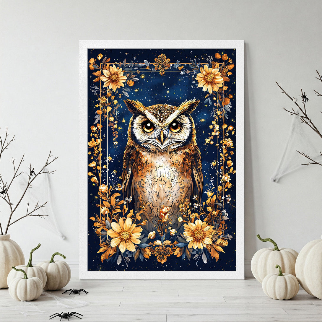 Framed Poster featuring an owl illustration in watercolor style with a dark blue and gold color palette. Perfect wall art!