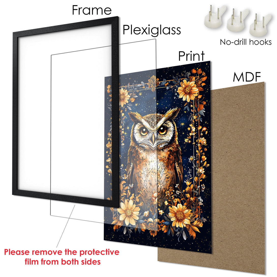 Framed Poster featuring an owl with floral accents, in a dark blue and gold color palette. Perfect wall art!