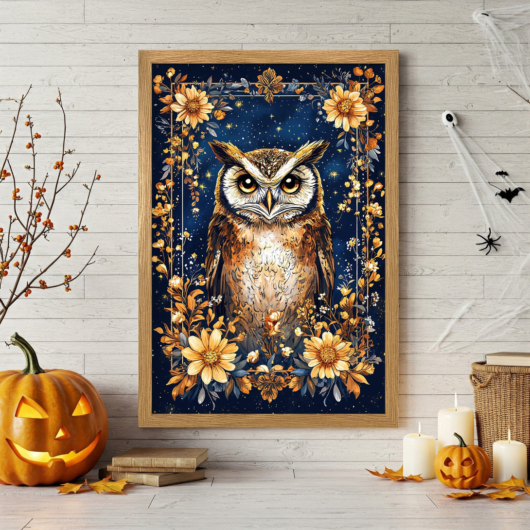 Framed Poster featuring an owl in a floral design, with a dark blue background and a warm, autumnal color palette. Perfect Halloween decor!