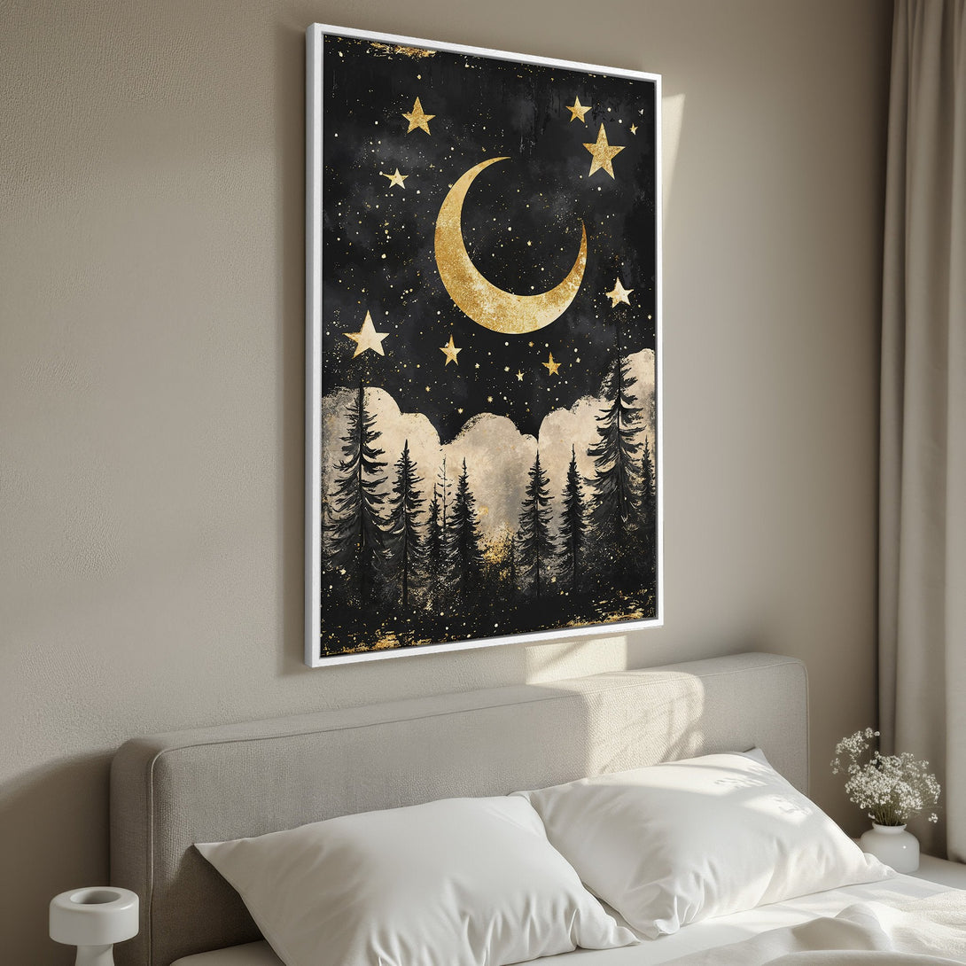 Framed Wall Art: Celestial night scene with gold moon and stars, black and gold color palette. Perfect for bedroom decor.