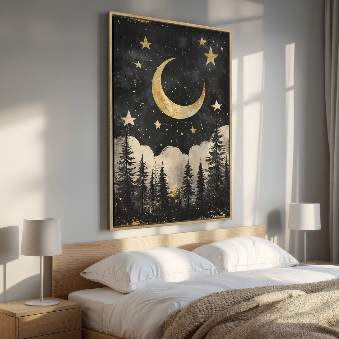 Framed Wall Art featuring a celestial night scene with a gold moon and stars. Black and gold color palette, perfect for bedroom decor.