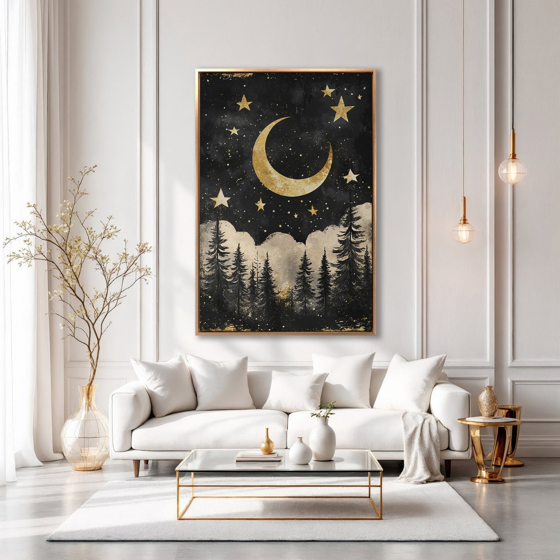 Framed Wall Art: Celestial moon and stars art print with gold accents. Modern black and gold canvas print for living room decor.
