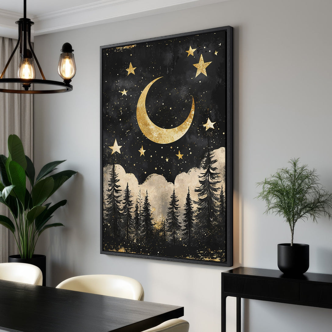 Framed Wall Art featuring a celestial night scene with gold moon and stars. Modern, abstract style with a black and gold color palette. Perfect for any room!