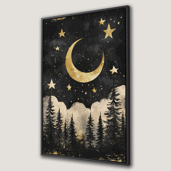 Framed Wall Art: Celestial night scene with moon and stars in gold on black. Perfect for adding a touch of magic to your home decor.