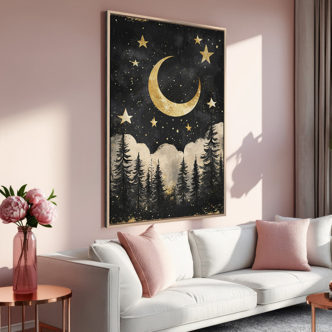 Framed Wall Art: Celestial moon and stars artwork in gold and black. Modern, elegant art piece with pink and gold accents. Perfect for any room.