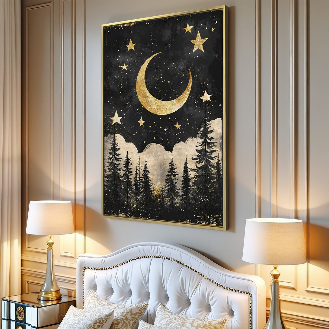 Canvas Print featuring a celestial night scene with a golden moon and stars. Modern art in a black, gold, and neutral color palette for stylish home decor.