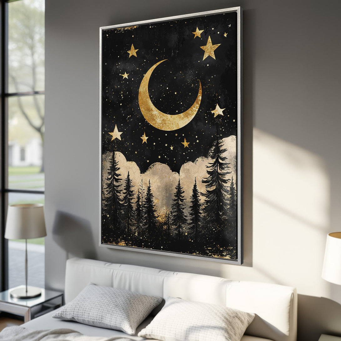 Framed Wall Art: Celestial night scene Canvas Print with gold moon & stars. Black & gold color palette, perfect for bedroom decor. Add a touch of magic!