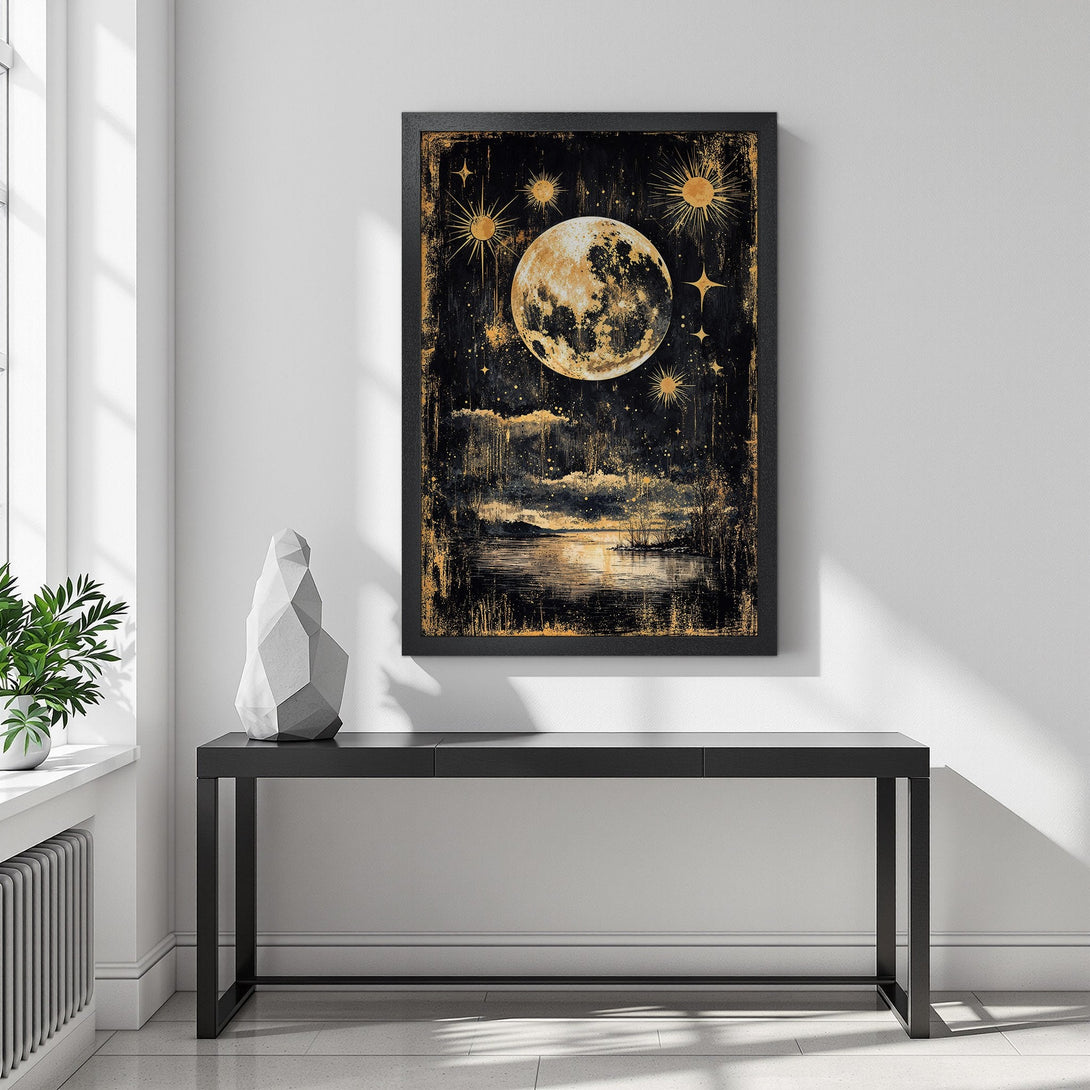 Framed Poster featuring a celestial moon & stars design in a vintage style, with a black and gold color palette. Perfect wall art!