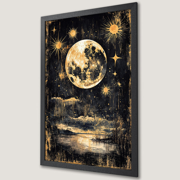 Framed Poster featuring a celestial night scene with a moon and stars. Artistic style, gold and black color palette. Perfect wall art for your home.