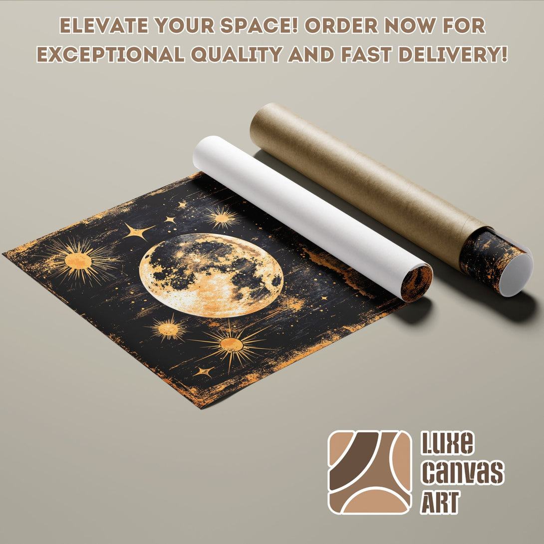 Poster Roll featuring a celestial design in black and gold. Perfect wall art for any space!