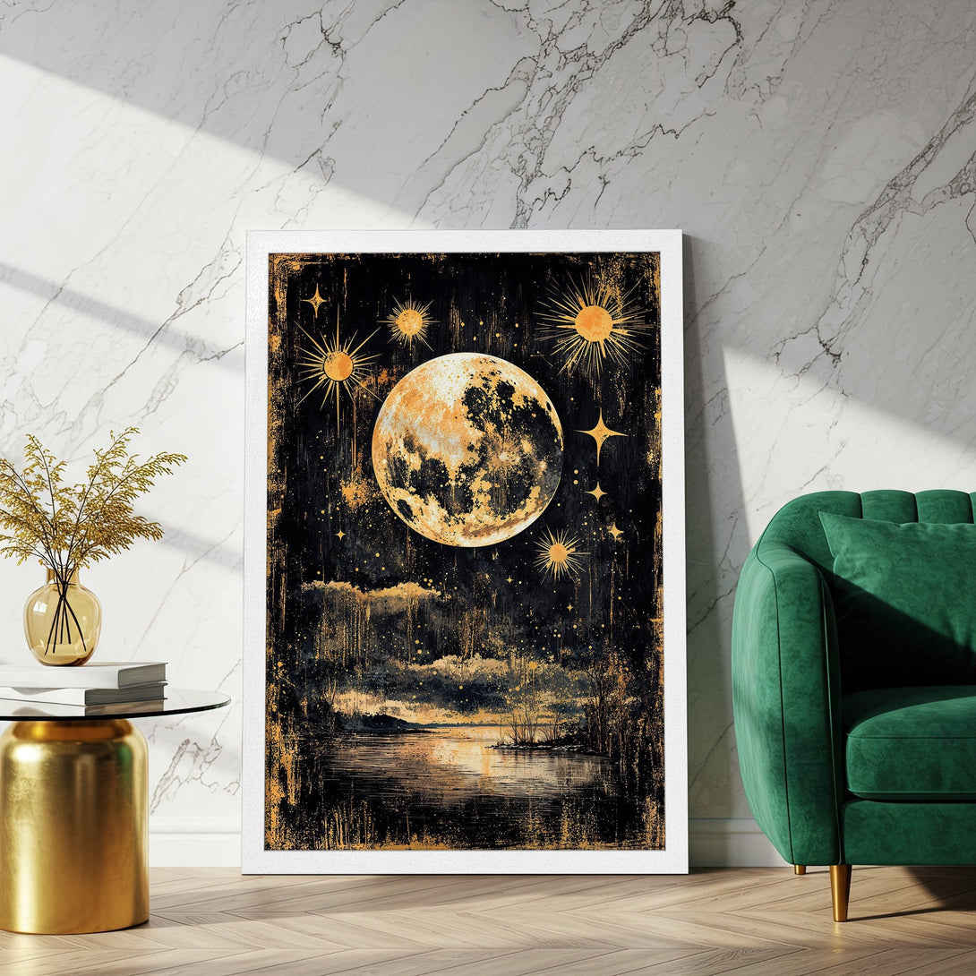 Framed Poster featuring a celestial moon and stars in a vintage style. Black, gold, and cream color palette. Perfect wall art!