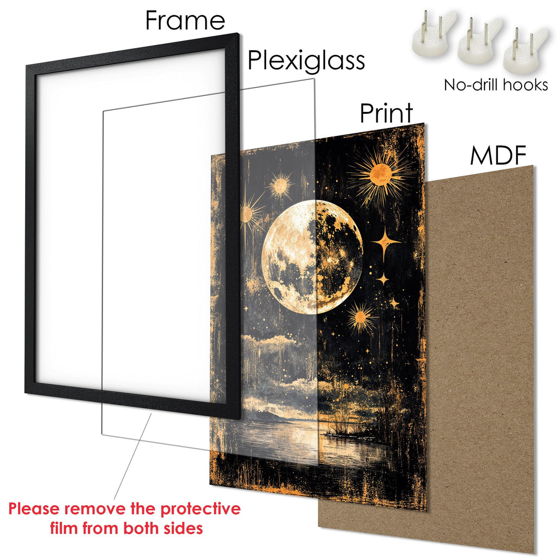 Framed Poster featuring a celestial moon and stars design in a black and gold color palette. Perfect wall art for your home!