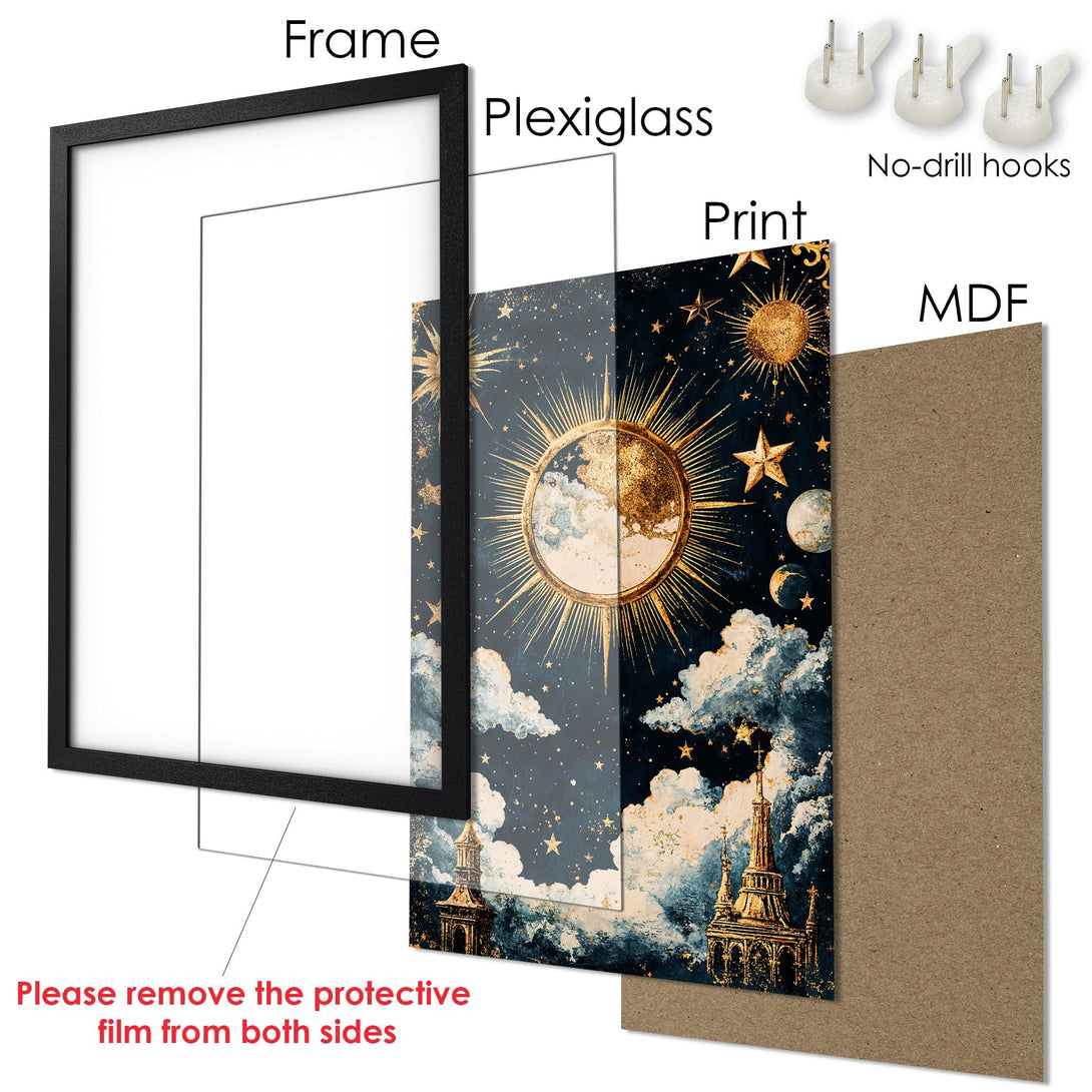 Framed Poster featuring a celestial design with gold accents on a dark blue background. Perfect for adding a touch of magic to your space!