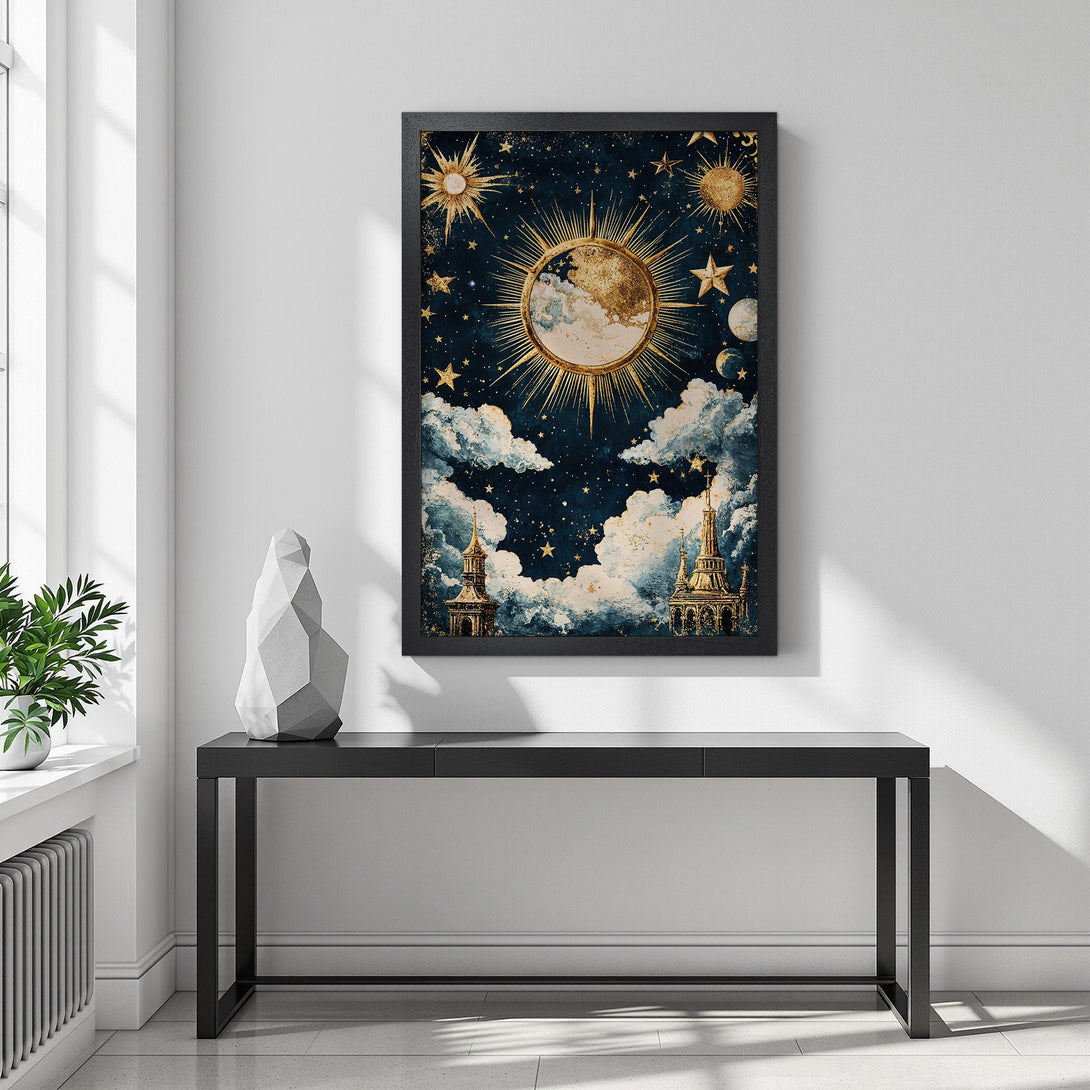 Framed Poster featuring a celestial design with gold accents on a dark blue background. Perfect wall art for a stylish home.
