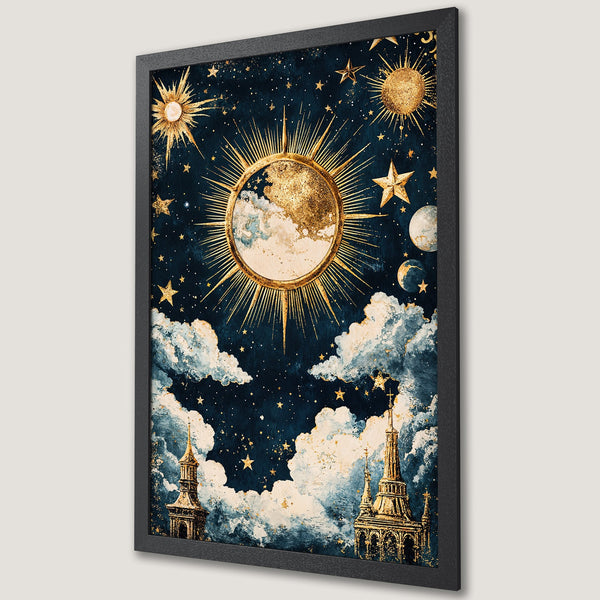 Framed Poster featuring a celestial design with sun, stars, and clouds in a gold and navy color palette. Perfect wall art for a magical touch.