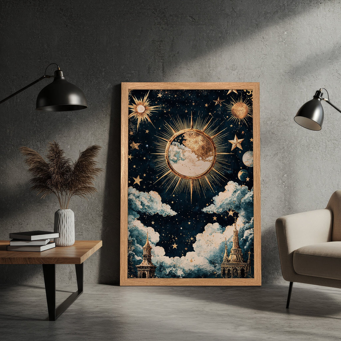 Framed Poster featuring a celestial design in a vintage style with a blue, gold, and cream color palette. Perfect wall art!
