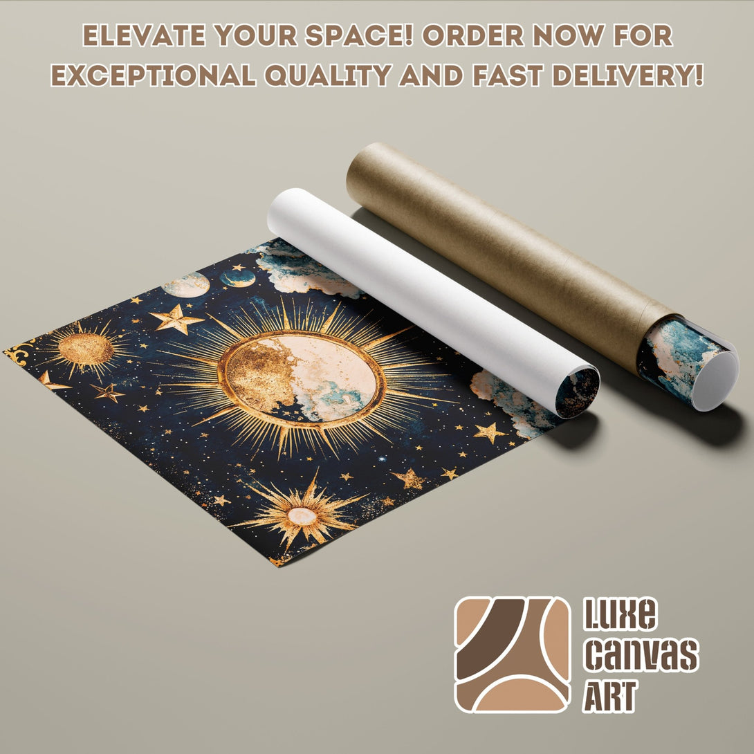Celestial Poster Roll, featuring a dark blue and gold color palette, perfect for home decor. Order now!