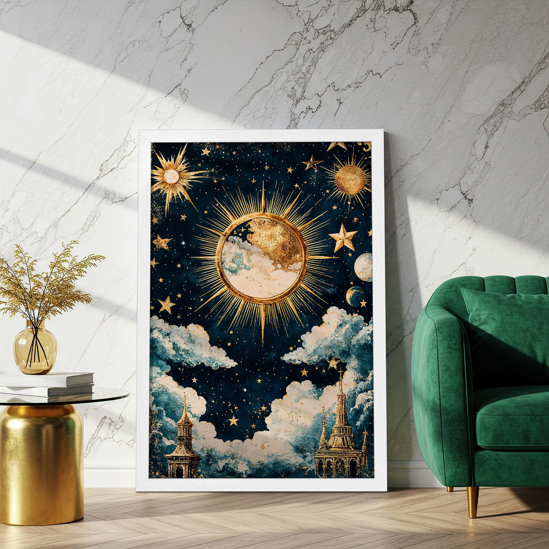 Framed Poster featuring a celestial design in a vintage style with gold and teal colors. Perfect wall art for a stylish home.
