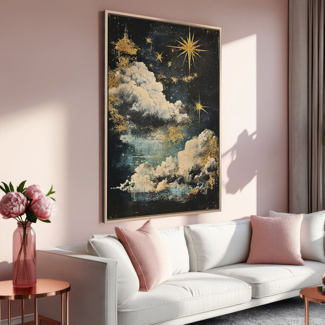 Framed Wall Art: Abstract night sky canvas print with gold accents, perfect for adding a touch of elegance to your living room. Features a dark blue and gold color palette.