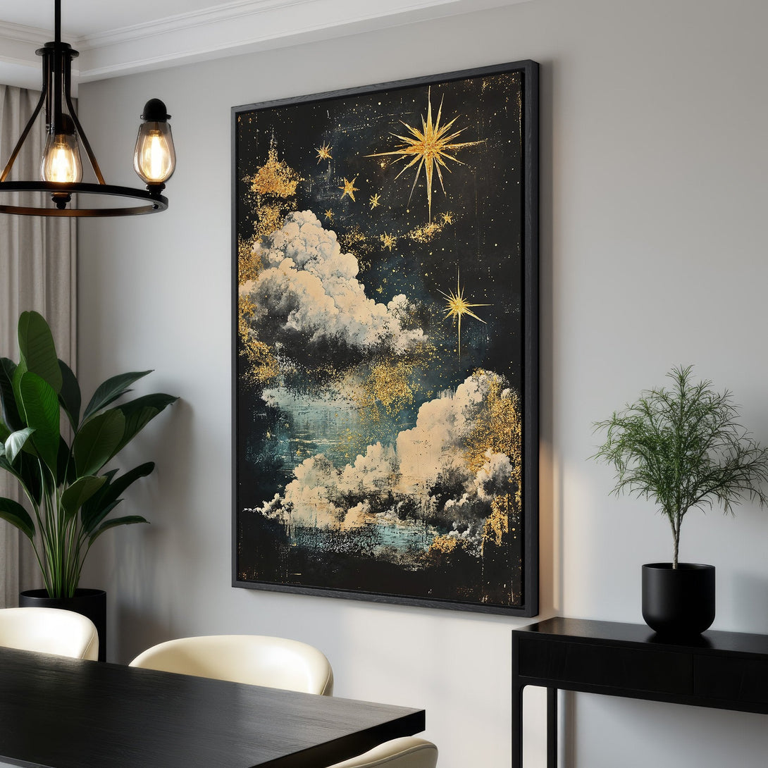 Framed Wall Art: Abstract night sky canvas print with gold stars and clouds. Dark blue and gold color palette, perfect for modern home decor.