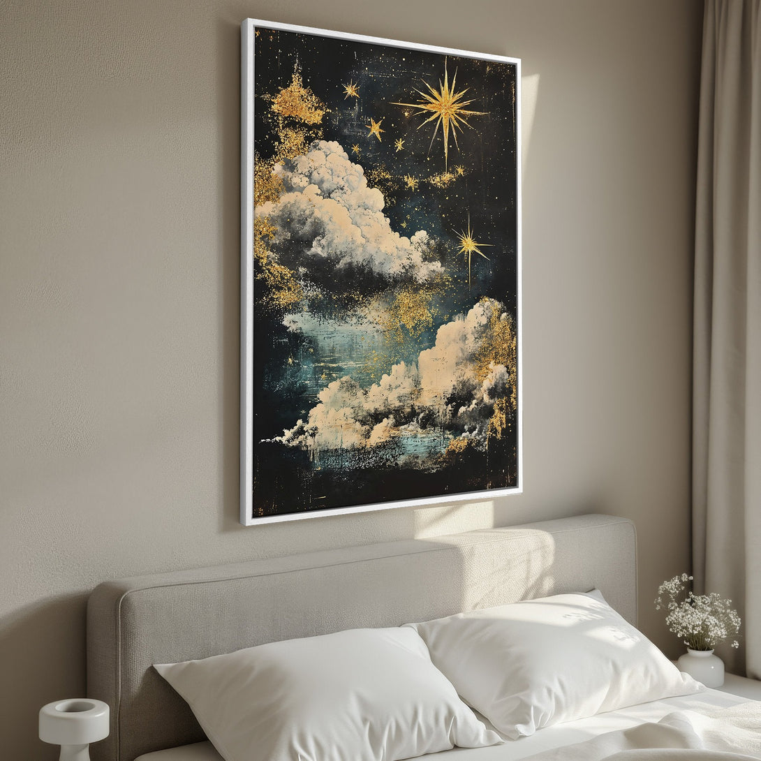 Framed Wall Art: Abstract night sky canvas print with gold stars and clouds. Dark blue, black, and gold color palette. Perfect for bedroom decor.