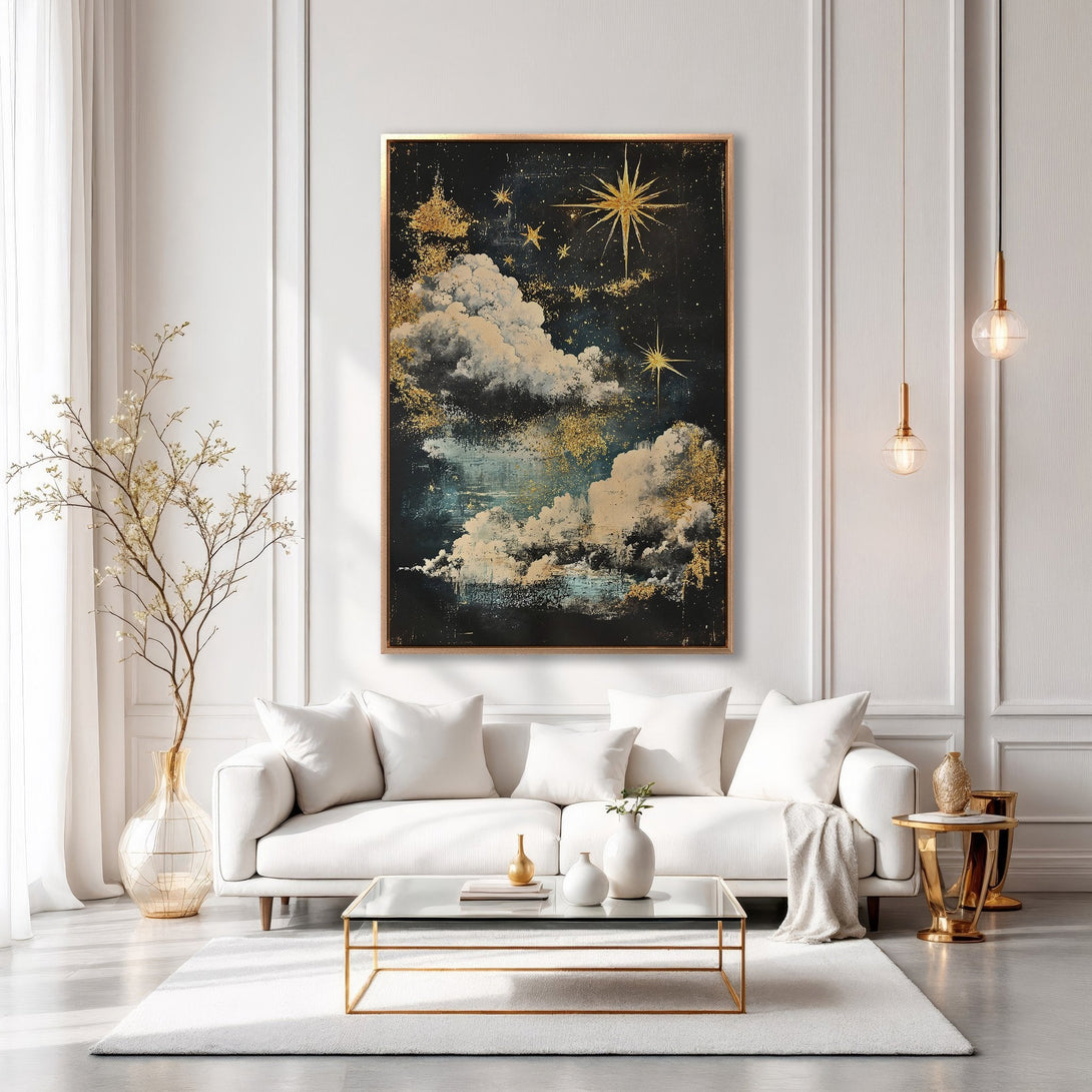 Framed Wall Art featuring a celestial night sky painting in a luxurious interior. Dark blue, gold, and white color palette. Elevate your space with this stunning artwork.