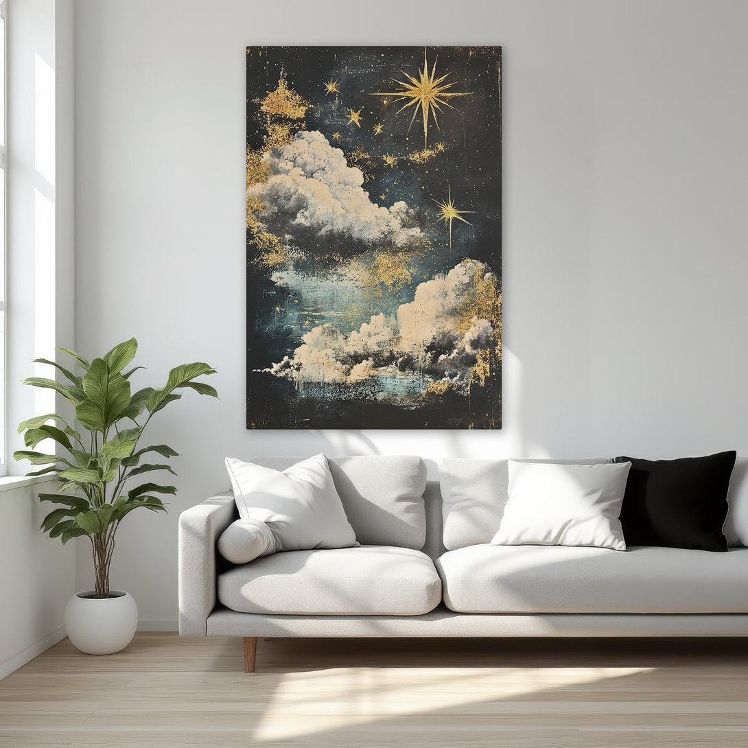 Framed Wall Art: Celestial night sky with gold accents. Dramatic, elegant canvas print in a bedroom setting. Dark blue, gold, and white color palette.
