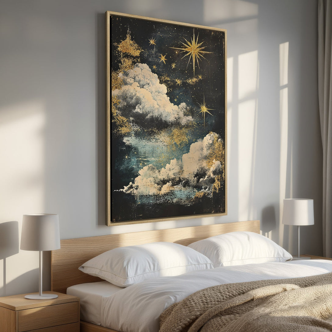 Framed Wall Art: Abstract night sky canvas print with gold accents. Modern art in a bedroom setting, featuring a dark blue, gold, and white color palette.