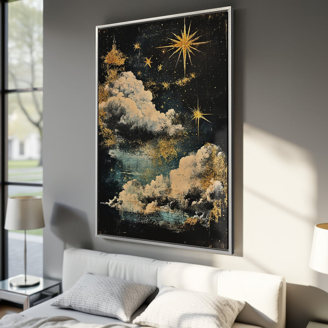 Framed Wall Art featuring a celestial abstract painting with gold stars and clouds on a dark background. Modern art for home decor.